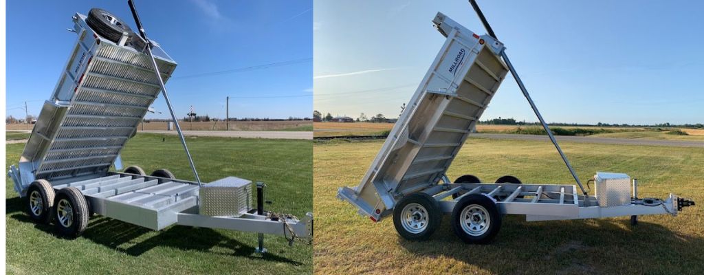 Millroad aluminum dump trailers with hydraulic lift systems, ideal for landscaping businesses, shown in raised positions on grassy fields.