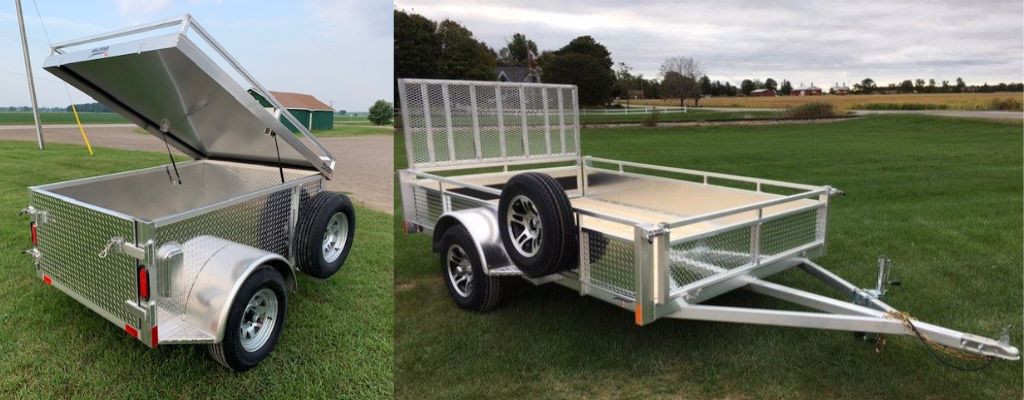 Millroad aluminum utility trailers designed for business and recreational use, showcasing an enclosed cargo model with a locking lid and an open flatbed trailer with a rear ramp for easy loading.